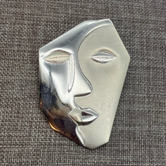Abstract Face Pin Brooch As Is Silver Shiny Matte Picasso Cubist Profile Cubism - Picture 3 of 9